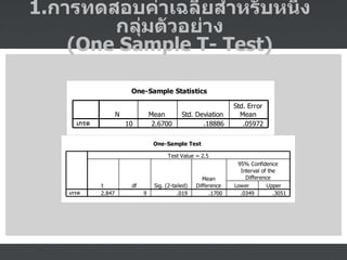 1. การทดสอบค่าเฉลี่ยสำหรับหนึ่งกลุ่มตัวอย่าง (One Sample T- Test) 