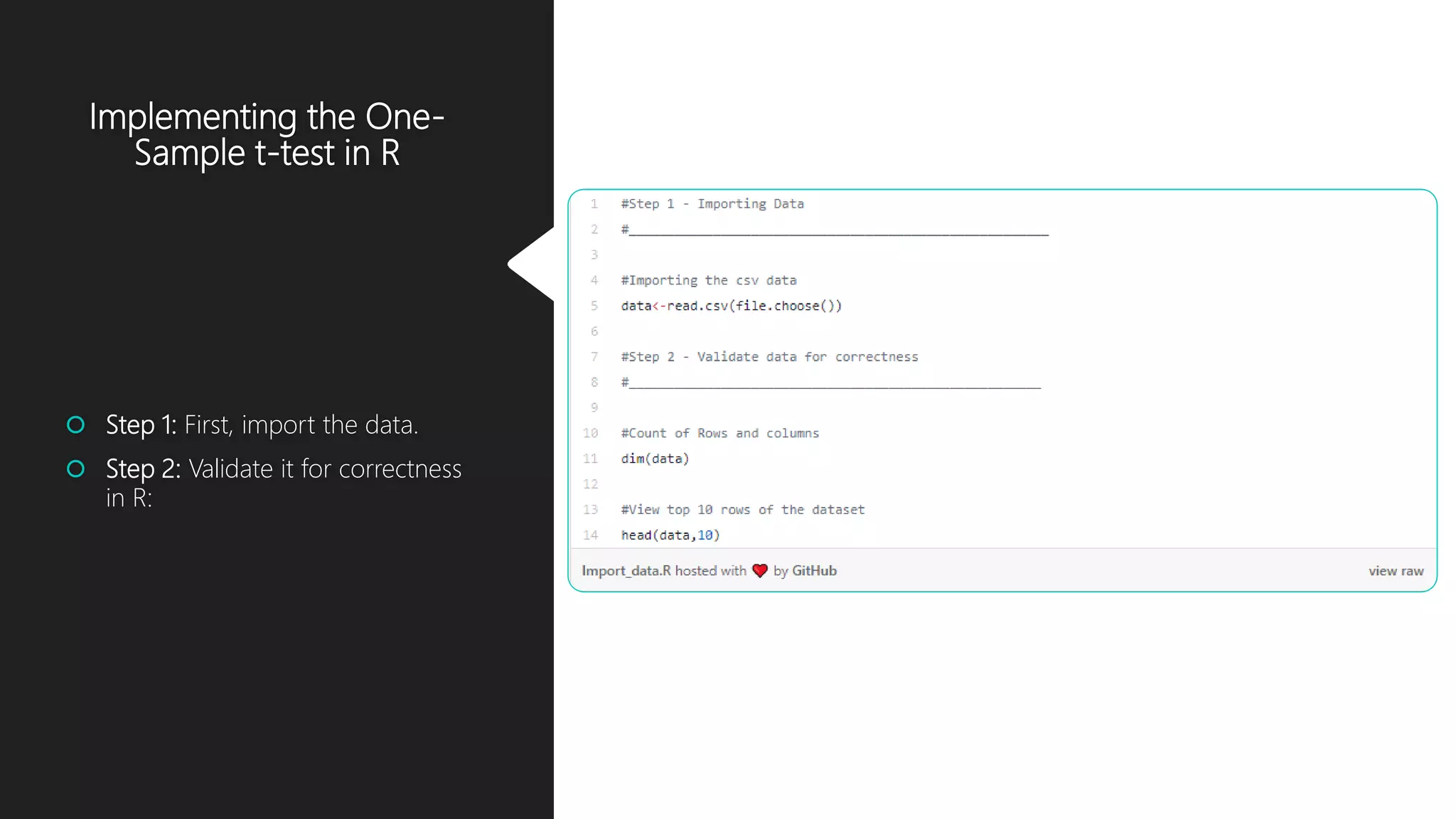 Implementing the One-
Sample t-test in R
 Step 1: First, import the data.
 Step 2: Validate it for correctness
in R:
 
