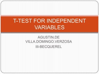 AGUSTIN.DE
VILLA.DOMINGO.VERZOSA
III-BECQUEREL
T-TEST FOR INDEPENDENT
VARIABLES
 