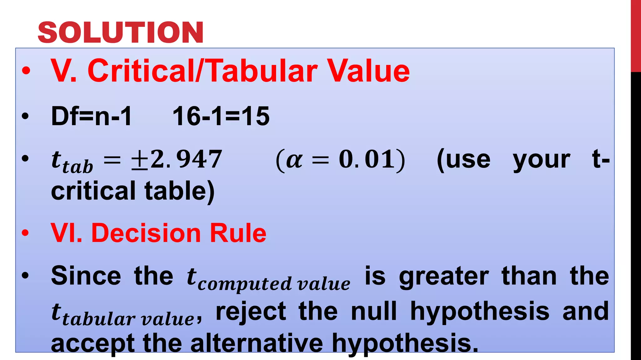 SOLUTION
• V. Critical/Tabular Value
• Df=n-1 16-1=15
• 𝒕 𝒕𝒂𝒃 = ±𝟐. 𝟗𝟒𝟕 (𝜶 = 𝟎. 𝟎𝟏) (use your t-
critical table)
• VI. Decision Rule
• Since the 𝒕 𝒄𝒐𝒎𝒑𝒖𝒕𝒆𝒅 𝒗𝒂𝒍𝒖𝒆 is greater than the
𝒕 𝒕𝒂𝒃𝒖𝒍𝒂𝒓 𝒗𝒂𝒍𝒖𝒆, reject the null hypothesis and
accept the alternative hypothesis.
 