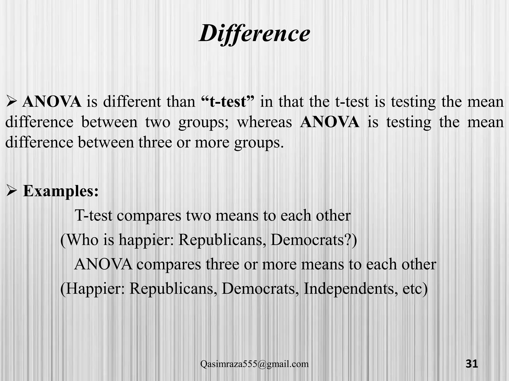 Difference
 ANOVA is different than “t-test” in that the t-test is testing the mean
difference between two groups; whereas ANOVA is testing the mean
difference between three or more groups.
 Examples:
T-test compares two means to each other
(Who is happier: Republicans, Democrats?)
ANOVA compares three or more means to each other
(Happier: Republicans, Democrats, Independents, etc)
31Qasimraza555@gmail.com
 