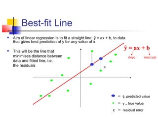 Best-fit Line
   Aim of linear regression is to fit a straight line, ŷ = ax + b, to data
    that gives best prediction of y for any value of x

   This will be the line that
                                                                          ŷ = ax + b
    minimises distance between                                                slope        intercept
    data and fitted line, i.e.
    the residuals                                            ε




                                                                      = ŷ, predicted value
                                                                      = y i , true value
                                                                   ε = residual error
 