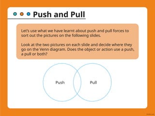 Push and Pull
Let’s use what we have learnt about push and pull forces to
sort out the pictures on the following slides.
Look at the two pictures on each slide and decide where they
go on the Venn diagram. Does the object or action use a push,
a pull or both?
Push Pull
 