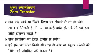 िून्य स्थानाांतरण
Zero Transfer
 िब एि िायव या किसी वर्षय िो सीखने में ना तो िोई
सहायता शमलती है और ना ही िोई बािा होता है तो इसे हम
िीरो ट्ांसिर िहते हैं
 िैसे जस्र्शमंग िा टेबल टेतनस से संबंि
 इततहास िा ज्ञान किसी भी तरह से िार या स्िू टर चलाने िी
शिक्षा िो प्रभावर्त नहीं िरता है।
 