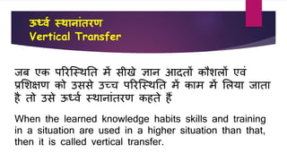 ऊर्ध्व स्थानाांतरण
Vertical Transfer
िब एि पररजस्थतत में सीखे ज्ञान आदतों िौिलों एर्ं
प्रशिक्षण िो उससे उच्च पररजस्थतत में िाम में शलया िाता
है तो उसे ऊर्धर्व स्थानांतरण िहते हैं
When the learned knowledge habits skills and training
in a situation are used in a higher situation than that,
then it is called vertical transfer.
 