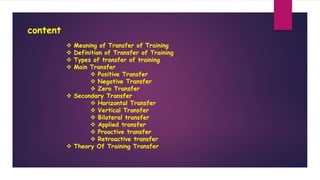 content
 Meaning of Transfer of Training
 Definition of Transfer of Training
 Types of transfer of training
 Main Transfer
 Positive Transfer
 Negative Transfer
 Zero Transfer
 Secondary Transfer
 Horizontal Transfer
 Vertical Transfer
 Bilateral transfer
 Applied transfer
 Proactive transfer
 Retroactive transfer
 Theory Of Training Transfer
 