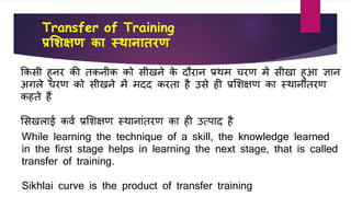 Transfer of Training
प्रशिक्षण का स्थानातरण
किसी हुनर िी तिनीि िो सीखने िे दौरान प्रथम चरण में सीखा हुआ ज्ञान
अगले चरण िो सीखने में मदद िरता है उसे ही प्रशिक्षण िा स्थानांतरण
िहते हैं
शसखलाई िर्व प्रशिक्षण स्थानांतरण िा ही उत्पाद है
While learning the technique of a skill, the knowledge learned
in the first stage helps in learning the next stage, that is called
transfer of training.
Sikhlai curve is the product of transfer training
 