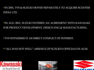 <ul><li>IN 2001, TVS & SUZUKI MOVED SEPARATELY TO ACQUIRE SCOOTER INDIA LTD. </li></ul><ul><li>IN AUG 2001, SUZUKI ENTERED...