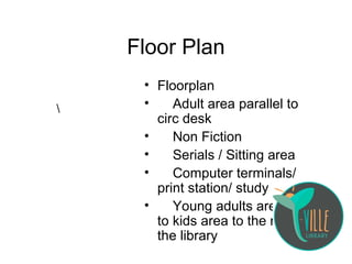 Floor Plan
• Floorplan
• Adult area parallel to
circ desk
• Non Fiction
• Serials / Sitting area
• Computer terminals/
print station/ study desks
• Young adults area next
to kids area to the rear of
the library

 