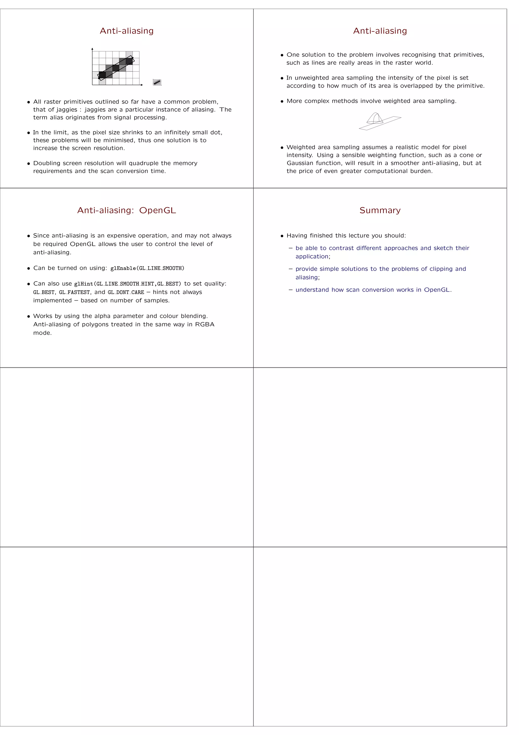 Anti-aliasing
• All raster primitives outlined so far have a common problem,
that of jaggies : jaggies are a particular instance of aliasing. The
term alias originates from signal processing.
• In the limit, as the pixel size shrinks to an inﬁnitely small dot,
these problems will be minimised, thus one solution is to
increase the screen resolution.
• Doubling screen resolution will quadruple the memory
requirements and the scan conversion time.
Anti-aliasing
• One solution to the problem involves recognising that primitives,
such as lines are really areas in the raster world.
• In unweighted area sampling the intensity of the pixel is set
according to how much of its area is overlapped by the primitive.
• More complex methods involve weighted area sampling.
• Weighted area sampling assumes a realistic model for pixel
intensity. Using a sensible weighting function, such as a cone or
Gaussian function, will result in a smoother anti-aliasing, but at
the price of even greater computational burden.
Anti-aliasing: OpenGL
• Since anti-aliasing is an expensive operation, and may not always
be required OpenGL allows the user to control the level of
anti-aliasing.
• Can be turned on using: glEnable(GL LINE SMOOTH)
• Can also use glHint(GL LINE SMOOTH HINT,GL BEST) to set quality:
GL BEST, GL FASTEST, and GL DONT CARE – hints not always
implemented – based on number of samples.
• Works by using the alpha parameter and colour blending.
Anti-aliasing of polygons treated in the same way in RGBA
mode.
Summary
• Having ﬁnished this lecture you should:
– be able to contrast diﬀerent approaches and sketch their
application;
– provide simple solutions to the problems of clipping and
aliasing;
– understand how scan conversion works in OpenGL.
 