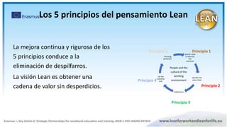 Los 5 principios del pensamiento Lean
La mejora continua y rigurosa de los
5 principios conduce a la
eliminación de despilfarros.
La visión Lean es obtener una
cadena de valor sin desperdicios.
Principio 1
Principio 2
Principio 3
Principio 4
Principio 5
 