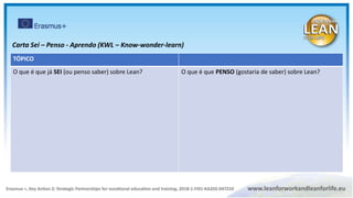 Carta Sei – Penso - Aprendo (KWL – Know-wonder-learn)
TÓPICO
O que é que já SEI (ou penso saber) sobre Lean? O que é que PENSO (gostaria de saber) sobre Lean?
 