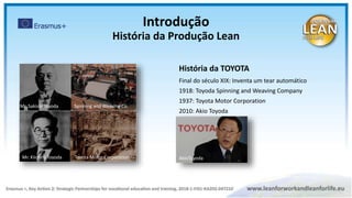 História da TOYOTA
Final do século XIX: Inventa um tear automático
1918: Toyoda Spinning and Weaving Company
1937: Toyota Motor Corporation
2010: Akio Toyoda
Mr. Sakishi Toyoda Spinning and Weaving Co.
Toyota Motor Corporation
Mr. Kiichiro Toyoda AkioToyoda
Introdução
História da Produção Lean
 