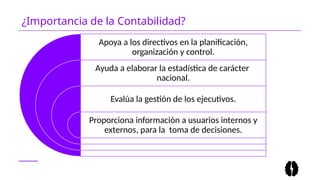 ¿Importancia de la Contabilidad?
Apoya a los directivos en la planificación,
organización y control.
Ayuda a elaborar la estadística de carácter
nacional.
Evalúa la gestión de los ejecutivos.
Proporciona información a usuarios internos y
externos, para la toma de decisiones.
 