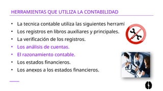 HERRAMIENTAS QUE UTILIZA LA CONTABILIDAD
• La tecnica contable utiliza las siguientes herramientas
• Los registros en libros auxiliares y principales.
• La verificación de los registros.
• Los análisis de cuentas.
• El razonamiento contable.
• Los estados financieros.
• Los anexos a los estados financieros.
 