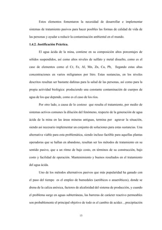 15
Estos elementos fomentaron la necesidad de desarrollar e implementar
sistemas de tratamiento pasivos para hacer posibles las formas de calidad de vida de
las personas y ayudar a reducir la contaminación ambiental en el mundo.
1.4.2. Justificación Práctica.
El agua ácida de la mina, contiene en su composición altos porcentajes de
sólidos suspendidos, así como altos niveles de sulfato y metal disuelto, como es el
caso de elementos como el Cr, Fe, Al, Mn, Zn, Cu, Pb, llegando estas altas
concentraciones en varios miligramos por litro. Estas sustancias, en los niveles
descritos resultan ser bastante dañinas para la salud de las personas, así como para la
propia actividad biológica: produciendo una constante contaminación de cuerpos de
agua de los que depende, como es el caso de los ríos.
Por otro lado, a causa de lo costoso que resulta el tratamiento, por medio de
sistemas activos comunes la dilución del fenómeno, respecto de la generación de agua
ácida de la mina en las áreas mineras antiguas, termina por agravar la situación,
siendo así necesario implementar un conjunto de soluciones para estas sustancias. Una
alternativa viable para esta problemática, siendo incluso factible para aquellas plantas
operadoras que se hallan en abandono, resultan ser los métodos de tratamiento en su
sentido pasivo, que a un ritmo de bajo costo, en términos de su construcción, bajo
costo y facilidad de operación. Mantenimiento y buenos resultados en el tratamiento
del agua ácida.
Uno de los métodos alternativos pasivos que más popularidad ha ganado con
el paso del tiempo es el empleo de humedales (aeróbicos o anaeróbicos), donde se
drena de la caliza anóxica, factores de alcalinidad del sistema de producción, y cuando
el problema surge en aguas subterráneas, las barreras de carácter reactivo permeables
son probablemente el principal objetivo de todo es el cambio de acidez. , precipitación
 