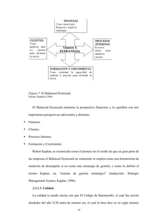 35
Figura 7. El Balanced Scorecard.
Fuente: Kaplan (1996).
El Balanced Scorecard mantiene la perspectiva financiera y la equilibra con tres
importantes perspectivas adicionales y distintas:
 Finanzas.
 Clientes.
 Procesos Internos.
 Formación y Crecimiento.
Robert Kaplan, es reconocido como el pionero en el resalte de que en gran parte de
las empresas el Balanced Scorecard no solamente se emplea como una herramienta de
medición de desempeño si no como una estrategia de gestión, o como lo definió el
mismo Kaplan, un “sistema de gestión estratégica” (traducción: Strategic
Management System, Kaplan, 1996).
2.3.1.3. Calidad.
La calidad se puede iniciar con que El Código de Hammurabi, el cual fue escrito
alrededor del año 2150 antes de nuestra era, el cual la letra dice en su regla número
 