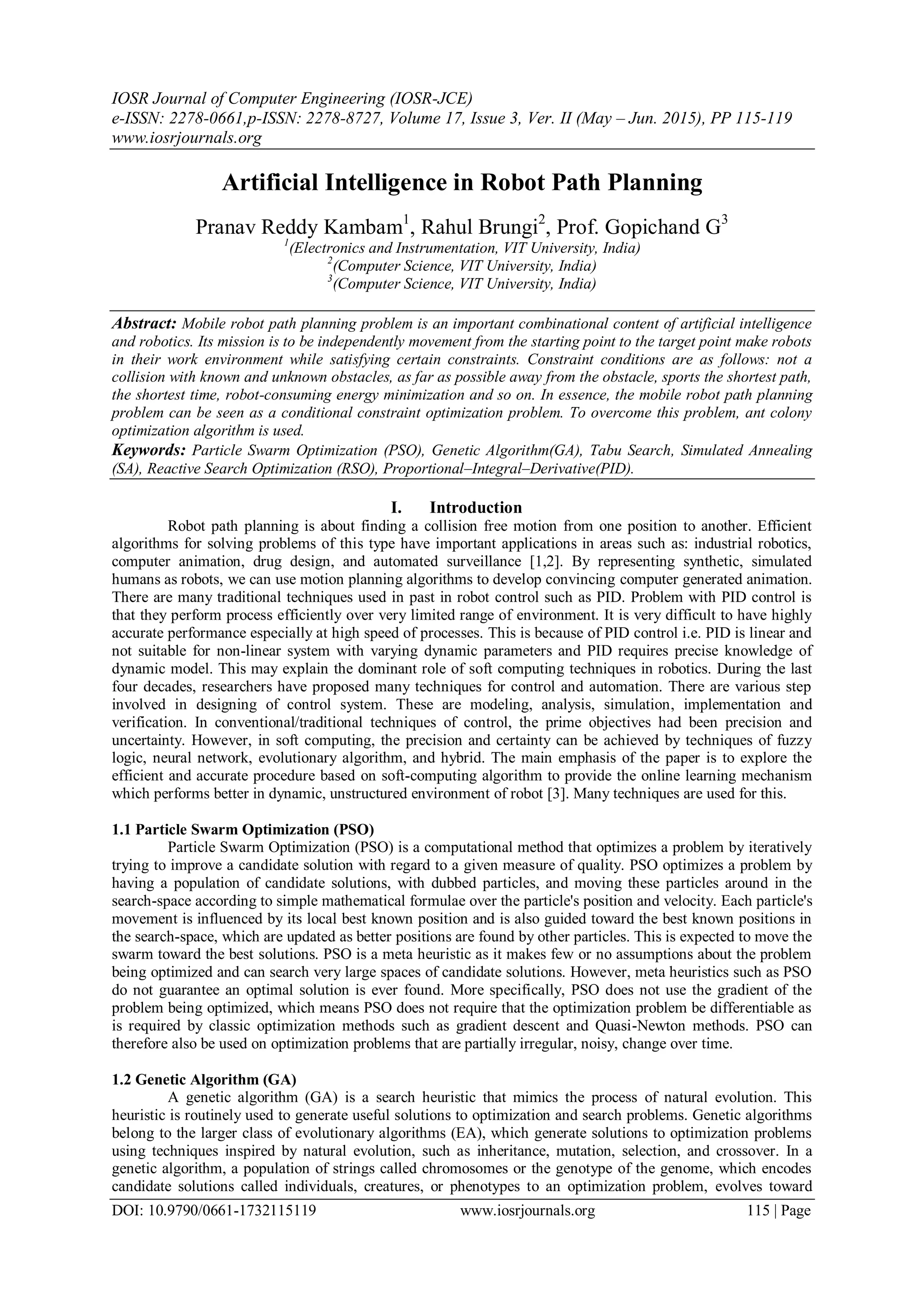 Artificial Intelligence in Robot Path Planning | PDF