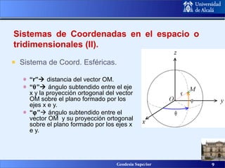 Sistemas de Coordenadas en el espacio o
tridimensionales (II).

 Sistema de Coord. Esféricas.

      “r” distancia del vector OM.
      “θ” ángulo subtendido entre el eje
      x y la proyección ortogonal del vector
      OM sobre el plano formado por los
      ejes x e y.
      “ϕ” ángulo subtendido entre el
      vector OM y su proyección ortogonal
      sobre el plano formado por los ejes x
      e y.




 Fecha del Congreso         Nombre del Congreso Superior
                                       Geodesia     9      9   99
 