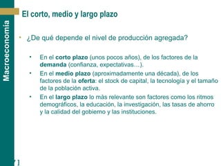 [ 27 ]
Macroeconomía
El corto, medio y largo plazo
• ¿De qué depende el nivel de producción agregada?
• En el corto plazo (unos pocos años), de los factores de la
demanda (confianza, expectativas…).
• En el medio plazo (aproximadamente una década), de los
factores de la oferta: el stock de capital, la tecnología y el tamaño
de la población activa.
• En el largo plazo lo más relevante son factores como los ritmos
demográficos, la educación, la investigación, las tasas de ahorro
y la calidad del gobierno y las instituciones.
 