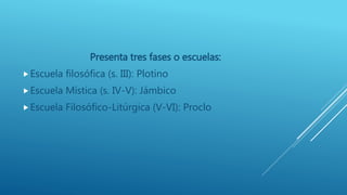 Presenta tres fases o escuelas:
Escuela filosófica (s. III): Plotino
Escuela Mística (s. IV-V): Jámbico
Escuela Filosófico-Litúrgica (V-VI): Proclo
 