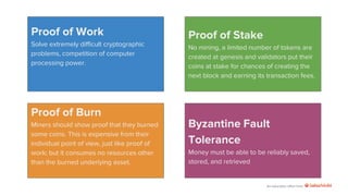 An education effort from
Proof of Work
Solve extremely difficult cryptographic
problems, competition of computer
processing power.
Proof of Stake
No mining, a limited number of tokens are
created at genesis and validators put their
coins at stake for chances of creating the
next block and earning its transaction fees.
Proof of Burn
Miners should show proof that they burned
some coins. This is expensive from their
individual point of view, just like proof of
work; but it consumes no resources other
than the burned underlying asset.
Byzantine Fault
Tolerance
Money must be able to be reliably saved,
stored, and retrieved
 