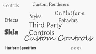 Controls
Effects Behaviors
PlatformSpecifics
Custom Controls
Custom Renderers
Skia
Third Party
Controls
???????
Styles OnPlatform
 