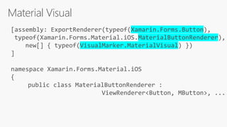 Material Visual
[assembly: ExportRenderer(typeof(Xamarin.Forms.Button),
typeof(Xamarin.Forms.Material.iOS.MaterialButtonRenderer),
new[] { typeof(VisualMarker.MaterialVisual) })
]
namespace Xamarin.Forms.Material.iOS
{
public class MaterialButtonRenderer :
ViewRenderer<Button, MButton>, ...
 