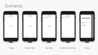 Scenarios
1 Page Bottom Tabs Bottom & Top Tabs FlyoutTop Tabs
 