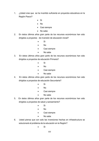 102
1. ¿Usted cree que se ha invertido suficiente en proyectos educativos en la
Región Pasco?
 Si
 No
 Casi siempre
 No sabe
2. En éstos últimos años gran parte de los recursos económicos han sido
dirigidos a proyectos de inversión de educación inicial?
 Si
 No
 Casi siempre
 No sabe
3. En éstos últimos años gran parte de los recursos económicos han sido
dirigidos a proyectos de educación Primaria?
 Si
 No
 Casi siempre
 No sabe
4. En éstos últimos años gran parte de los recursos económicos han sido
dirigidos a proyectos de educación Secundaria?
 Si
 No
 Casi siempre
 No sabe
5. En éstos últimos años gran parte de los recursos económicos han sido
dirigidos a proyectos de salud y saneamiento?
 Si
 No
 Casi siempre
 No sabe
6. Usted piensa que con solo las inversiones hechas en infraestructura se
solucionará el problema de la educación en la Región?
 Si
 