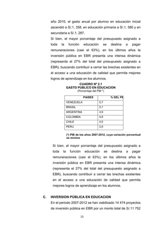 15
año 2010, el gasto anual por alumno en educación inicial
ascendió a S/.1, 358, en educación primaria a S/.1, 580 y en
secundaria a S/.1, 287.
Si bien, el mayor porcentaje del presupuesto asignado a
toda la función educación se destina a pagar
remuneraciones (casi el 63%), en los últimos años la
inversión pública en EBR presenta una intensa dinámica
(representa el 27% del total del presupuesto asignado a
EBR), buscando contribuir a cerrar las brechas existentes en
el acceso a una educación de calidad que permita mejores
logros de aprendizaje en los alumnos.
CUADRO Nº 2.1
GASTO PUBLICO EN EDUCACION
(Porcentaje del PBI *)
PAISES % DEL PBI
VENEZUELA 5,7
BRASIL 5,1
ARGENTINA 4,9
COLOMBIA 4,8
CHILE 4,0
PERU 2,9
(*) PIB de los años 2007-2012, cuya variación porcentual
es mínima
Si bien, el mayor porcentaje del presupuesto asignado a
toda la función educación se destina a pagar
remuneraciones (casi el 63%), en los últimos años la
inversión pública en EBR presenta una intensa dinámica
(representa el 27% del total del presupuesto asignado a
EBR), buscando contribuir a cerrar las brechas existentes
en el acceso a una educación de calidad que permita
mejores logros de aprendizaje en los alumnos.
C. INVERSION PÚBLICA EN EDUCACION
En el periodo 2007-2012 se han viabilizado 14 474 proyectos
de inversión pública en EBR por un monto total de S/.11 752
 