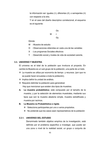 45
la información ser: iguales (=), diferentes (≠), o semejantes (≈)
con respecto a la otra.
Y en el caso del diseño descriptivo correlacional, el esquema
es el siguiente:
Ox
M r
Oy
Dónde:
M : Muestra de estudio
O : Observaciones obtenidas en cada una de las variables
X : Los programas Sociales efectivos
Y : Desarrollo social y niveles de vida de sociedad carente.
3.3. UNIVERSO Y MUESTRA
El universo es el total de la población que involucra al proyecto; En
cambio la Muestra es un sub grupo de la población, una parte de un todo.
 La muestra se utiliza por economía de tiempo y recursos. (por que no
se puede hacer encuestas a toda la población).
 Implica definir la unidad de análisis.
 Requiere delimitar la población para generalizar
Hay que mencionar que existen dos tipos de muestras:
A. La muestra probabilística; está compuesto por el tamaño de la
muestra, y por la selección de elementos muestrales, mediante sus
tipos que son la muestra aleatoria simple, muestra estratificada y
muestra por racimos.
B. La Muestra no Probabilística o rígida.
 Selecciona participantes por uno o varios propósitos.
 No pretende que los casos sean representativos de la población
3.3.1. UNIVERSO DEL ESTUDIO
Denominado también objetivo empírico de la investigación, está
definido por el problema específico a investigar, que puede ser
una zona o nivel de la realidad social, un grupo o conjunto de
 