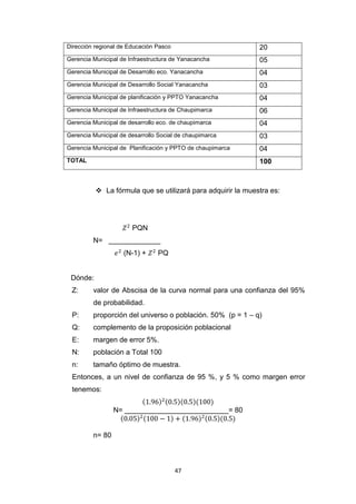 47
Dirección regional de Educación Pasco 20
Gerencia Municipal de Infraestructura de Yanacancha 05
Gerencia Municipal de Desarrollo eco. Yanacancha 04
Gerencia Municipal de Desarrollo Social Yanacancha 03
Gerencia Municipal de planificación y PPTO Yanacancha 04
Gerencia Municipal de Infraestructura de Chaupimarca 06
Gerencia Municipal de desarrollo eco. de chaupimarca 04
Gerencia Municipal de desarrollo Social de chaupimarca 03
Gerencia Municipal de Planificación y PPTO de chaupimarca 04
TOTAL 100
 La fórmula que se utilizará para adquirir la muestra es:
PQN
N= _____________
(N-1) + PQ
Dónde:
Z: valor de Abscisa de la curva normal para una confianza del 95%
de probabilidad.
P: proporción del universo o población. 50% (p = 1 – q)
Q: complemento de la proposición poblacional
E: margen de error 5%.
N: población a Total 100
n: tamaño óptimo de muestra.
Entonces, a un nivel de confianza de 95 %, y 5 % como margen error
tenemos:
( ) ( )( )( )
N= __________________________= 80
( ) ( ) ( ) ( )( )
n= 80
 