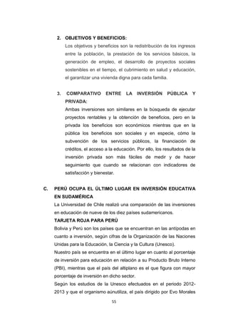55
2. OBJETIVOS Y BENEFICIOS:
Los objetivos y beneficios son la redistribución de los ingresos
entre la población, la prestación de los servicios básicos, la
generación de empleo, el desarrollo de proyectos sociales
sostenibles en el tiempo, el cubrimiento en salud y educación,
el garantizar una vivienda digna para cada familia.
3. COMPARATIVO ENTRE LA INVERSIÓN PÚBLICA Y
PRIVADA:
Ambas inversiones son similares en la búsqueda de ejecutar
proyectos rentables y la obtención de beneficios, pero en la
privada los beneficios son económicos mientras que en la
pública los beneficios son sociales y en especie, cómo la
subvención de los servicios públicos, la financiación de
créditos, el acceso a la educación. Por ello, los resultados de la
inversión privada son más fáciles de medir y de hacer
seguimiento que cuando se relacionan con indicadores de
satisfacción y bienestar.
C. PERÚ OCUPA EL ÚLTIMO LUGAR EN INVERSIÓN EDUCATIVA
EN SUDAMÉRICA
La Universidad de Chile realizó una comparación de las inversiones
en educación de nueve de los diez países sudamericanos.
TARJETA ROJA PARA PERÚ
Bolivia y Perú son los países que se encuentran en las antípodas en
cuanto a inversión, según cifras de la Organización de las Naciones
Unidas para la Educación, la Ciencia y la Cultura (Unesco).
Nuestro país se encuentra en el último lugar en cuanto al porcentaje
de inversión para educación en relación a su Producto Bruto Interno
(PBI), mientras que el país del altiplano es el que figura con mayor
porcentaje de inversión en dicho sector.
Según los estudios de la Unesco efectuados en el periodo 2012-
2013 y que el organismo aúnutiliza, el país dirigido por Evo Morales
 
