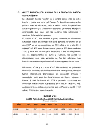 60
C. GASTO PUBLICO POR ALUMNO EN LA EDUCACION BASICA
REGULAR (EBR)
La educación básica Regular es el ámbito donde más se debe
invertir o gastar por parte del Estado. En los últimos años se ha
gastado más en educación, junto al sector salud. La política de
salud de gobierno y El Ministerio de economía y Finanzas (MEF) han
determinado, que estos son los sectores más vulnerables y
sensibles de la sociedad peruana.
El cuadro N° 4.3 nos muestra el gasto promedio por alumno en
Educación Inicial. El promedio del gasto peruano por alumno en el
año 2007 fue de un aproximado de 900 soles y en el año 2014
ascendió a 2 453 soles. Pasco tuvo un gasto de 906 soles en el año
2 007 y en el año 2014 el gasto ascendió a 2 879. Si comparamos
con los departamentos de Junín y Huánuco, los gastos se
diferenciaron; pero esta variación no fue tan relevante. Las
inversiones en estos departamentos fueron muy poco diferenciados.
Los cuadro N° 4.4 y el cuadro N° 4.5, nos muestran los gastos en
educación Primaria y educación secundaria. Estos gastos promedio
fueron relativamente diferenciados en educación primaria y
secundaria tanto para los departamentos de Junín, Huánuco y
Pasco. A nivel Perú en el año 2007 el promedio por alumno en
educación primaria fue de 1051soles y en el año 2014 fue de 2 778.
Análogamente en estos años vemos que en Pasco se gastó 1 152
soles y 2 789 soles respectivamente.
CUADRO Nº 4.3
GASTO PUBLICO POR ALUMNO EN EDUCACION INICIAL
(Promedio por alumno)
AÑO 2007 2008 2009 2010 2011 2012 2013 2014
PERU 900 1 067 1 136 1 254 1 525 1 854 2 123 2 453
JUNIN 919 1 160 1 320 1 400 1 873 2 255 2 546 2 998
 
