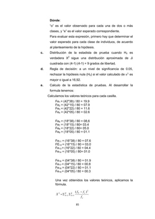 85
Dónde:
“o” es el valor observado para cada una de dos o más
clases, y “e” es el valor esperado correspondiente.
Para evaluar esta expresión, primero hay que determinar el
valor esperado para cada clase de individuos, de acuerdo
al planteamiento de la hipótesis.
c. Distribución de la estadista de prueba cuando H0 es
verdadera X2
sigue una distribución aproximada de Ji
cuadrada con (4-1) (4-1) = 9 grados de libertad
d. Regla de decisión: a un nivel de significancia de 0.05,
rechazar la hipótesis nula (H0) si el valor calculado de es
mayor o igual a 16,92.
e. Calculo de la estadística de pruebas. Al desarrollar la
formula tenemos:
Calculamos los valores teóricos para cada casilla.
Fe1 = (42*38) / 80 = 19.9
Fe2 = (42*15) / 80 = 07.9
Fe3 = (42*22) / 80 = 11.6
Fe4 = (42*05) / 80 = 02.6
Fe6 = (18*38) / 80 = 08,6
Fe7 = (18*15) / 80= 03.4
Fe8 = (18*22) / 80= 05.0
Fe9 = (18*05) / 80 = 01.1
Fe11 = (16*38) / 80 = 07.6
FE12 = (16*15) / 80 = 03.0
Fe13 = (16*22) / 80 = 04.4
Fe14 = (16*05) / 80= 01.0
Fe16 = (04*38) / 80 = 01.9
Fe17 = (04*15) / 80 = 00.8
Fe18 = (04*22) / 80 = 01.1
Fe19 = (04*05) / 80 = 00.3
Una vez obtenidos los valores teóricos, aplicamos la
fórmula.
e
e
K
N
H
N
f
f
f
X
2
0
1
1
2
)
( 


 

 