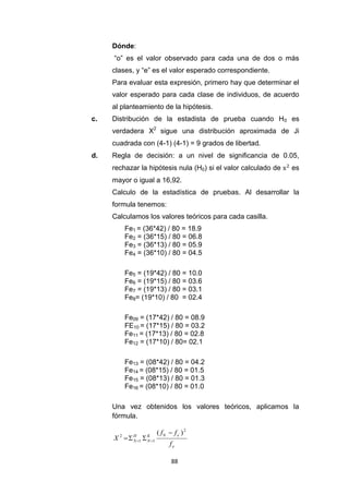 88
Dónde:
“o” es el valor observado para cada una de dos o más
clases, y “e” es el valor esperado correspondiente.
Para evaluar esta expresión, primero hay que determinar el
valor esperado para cada clase de individuos, de acuerdo
al planteamiento de la hipótesis.
c. Distribución de la estadista de prueba cuando H0 es
verdadera X2
sigue una distribución aproximada de Ji
cuadrada con (4-1) (4-1) = 9 grados de libertad
d. Regla de decisión: a un nivel de significancia de 0.05,
rechazar la hipótesis nula (H0) si el valor calculado de es
mayor o igual a 16,92.
Calculo de la estadística de pruebas. Al desarrollar la
formula tenemos:
Calculamos los valores teóricos para cada casilla.
Fe1 = (36*42) / 80 = 18.9
Fe2 = (36*15) / 80 = 06.8
Fe3 = (36*13) / 80 = 05.9
Fe4 = (36*10) / 80 = 04.5
Fe5 = (19*42) / 80 = 10.0
Fe6 = (19*15) / 80 = 03.6
Fe7 = (19*13) / 80 = 03.1
Fe8= (19*10) / 80 = 02.4
Fe09 = (17*42) / 80 = 08.9
FE10 = (17*15) / 80 = 03.2
Fe11 = (17*13) / 80 = 02.8
Fe12 = (17*10) / 80= 02.1
Fe13 = (08*42) / 80 = 04.2
Fe14 = (08*15) / 80 = 01.5
Fe15 = (08*13) / 80 = 01.3
Fe16 = (08*10) / 80 = 01.0
Una vez obtenidos los valores teóricos, aplicamos la
fórmula.
e
e
K
N
H
N
f
f
f
X
2
0
1
1
2
)
( 


 

 