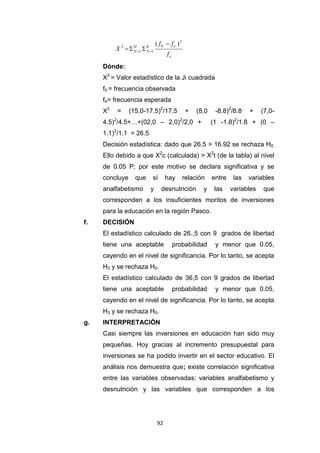 92
e
e
K
N
H
N
f
f
f
X
2
0
1
1
2
)
( 


 

Dónde:
X2
= Valor estadístico de la Ji cuadrada
f0 = frecuencia observada
fe= frecuencia esperada
X2
= (15,0-17.5)2
/17.5 + (8,0 -8.8)2
/8.8 + (7,0-
4.5)2
/4.5+…+(02,0 – 2,0)2
/2,0 + (1 -1.8)2
/1.8 + (0 –
1.1)2
/1.1 = 26.5
Decisión estadística: dado que 26.5 > 16.92 se rechaza H0.
Ello debido a que X2
c (calculada) > X2
t (de la tabla) al nivel
de 0.05 P; por este motivo se declara significativa y se
concluye que sí hay relación entre las variables
analfabetismo y desnutrición y las variables que
corresponden a los insuficientes montos de inversiones
para la educación en la región Pasco.
f. DECISIÓN
El estadístico calculado de 26.,5 con 9 grados de libertad
tiene una aceptable probabilidad y menor que 0.05,
cayendo en el nivel de significancia. Por lo tanto, se acepta
H3 y se rechaza H0.
El estadístico calculado de 36,5 con 9 grados de libertad
tiene una aceptable probabilidad y menor que 0.05,
cayendo en el nivel de significancia. Por lo tanto, se acepta
H3 y se rechaza H0.
g. INTERPRETACIÓN
Casi siempre las inversiones en educación han sido muy
pequeñas. Hoy gracias al incremento presupuestal para
inversiones se ha podido invertir en el sector educativo. El
análisis nos demuestra que; existe correlación significativa
entre las variables observadas: variables analfabetismo y
desnutrición y las variables que corresponden a los
 
