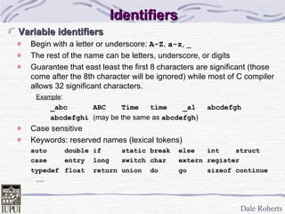 Identifiers Variable identifiers Begin with a letter or underscore:  A-Z ,  a-z , _ The rest of the name can be letters, underscore, or digits Guarantee that east least the first 8 characters are significant (those come after the 8th character will be ignored) while most of C compiler allows 32 significant characters. Example : _abc ABC Time time  _a1 abcdefgh abcdefghi  (may be the same as  abcdefgh ) Case sensitive Keywords: reserved names (lexical tokens) auto double if static break else int struct case entry long switch char extern register typedef float return union do go sizeof continue … 
