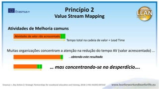 …obtendo este resultado
Muitas organizações concentram a atenção na redução do tempo AV (valor acrescentado) ...
Atividades de valor não acrescentado
… mas concentrando-se no desperdício….
Tempo total na cadeia de valor = Lead Time
Atividades de Melhoria comuns
Princípio 2
Value Stream Mapping
 