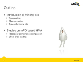 Outline
Introduction to mineral oils
Composition
Main properties
Types of mineral oils
Studies on mPO based HMA
Plasticiser performance comparison
Effect of oil loading
2014-04-292
 