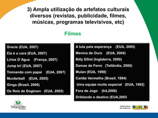 3) Ampla utilização de artefatos culturais
              diversos (revistas, publicidade, filmes,
               músicas, programas televisivos, etc)

                                 Filmes

Gracie (EUA, 2007)                   A luta pela esperança     (EUA, 2005)
Ela é o cara (EUA, 2007)             Menina de Ouro      (EUA, 2004)
Lirios D´Agua   (França, 2007)       Billy Elliot (Inglaterra, 2000)
Jump In! (EUA, 2007)                 Damas de Ferro (Tailândia, 2000)
Treinando com papai    (EUA, 2007)   Mulan (EUA, 1998)
Murderball   (EUA, 2005)             Cartão Vermelho (Brasil, 1994)
Ginga (Brasil, 2006)                 Uma equipe muito especial (EUA, 1992)
Os Reis de Dogtown (EUA, 2005)       Fora de Jogo     (Irã,2006)
                                     Driblando o destino (EUA,2003
 