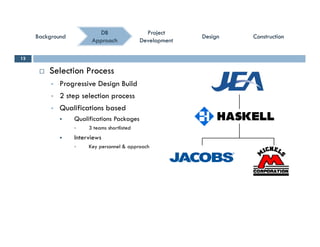 ConstructionConstructionConstructionConstruction
ProjectProject
DevelopmentDevelopment
ProjectProject
DevelopmentDevelopment
DBDB
ApproachApproach
BackgroundBackgroundBackgroundBackground DesignDesignDesignDesign
 Selection Process
13
 Progressive Design Build
 2 step selection process
 Qualifications based Qualifications based
 Qualifications Packages
 3 teams shortlisted
 InterviewsInterviews
 Key personnel & approach
 