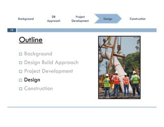 ConstructionConstructionConstructionConstruction
ProjectProject
DevelopmentDevelopment
ProjectProject
DevelopmentDevelopment
DBDB
ApproachApproach
DBDB
ApproachApproach
BackgroundBackgroundBackgroundBackground DesignDesign
Outline
19
Outline
 Backgroundg
 Design Build Approach
 Project Development Project Development
 Design
C t ti Construction
 