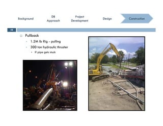 ConstructionConstruction
ProjectProject
DevelopmentDevelopment
ProjectProject
DevelopmentDevelopment
DBDB
ApproachApproach
DBDB
ApproachApproach
BackgroundBackgroundBackgroundBackground DesignDesignDesignDesign
 Pullback
32
 1.2M lb Rig - pulling
 300 ton hydraulic thruster
 If pipe gets stuck
 
