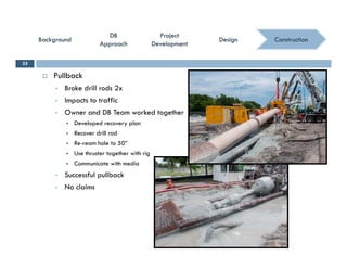 ConstructionConstruction
ProjectProject
DevelopmentDevelopment
ProjectProject
DevelopmentDevelopment
DBDB
ApproachApproach
DBDB
ApproachApproach
BackgroundBackgroundBackgroundBackground DesignDesignDesignDesign
 Pullback
33
 Broke drill rods 2x
 Impacts to traffic
 Owner and DB Team worked together
 Developed recovery plan
 Recover drill rod
 Re-ream hole to 50”
 Use thruster together with rig
 Communicate with media
 Successful pullback
N l i No claims
 