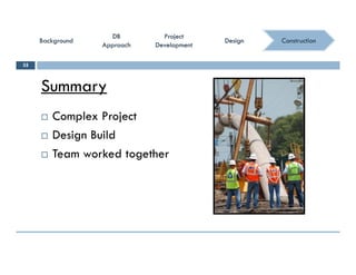 ConstructionConstruction
ProjectProject
DevelopmentDevelopment
ProjectProject
DevelopmentDevelopment
DBDB
ApproachApproach
DBDB
ApproachApproach
BackgroundBackgroundBackgroundBackground DesignDesignDesignDesign
Summary
35
Summary
 Complex ProjectC p j
 Design Build
 Team worked together Team worked together
 