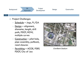 ConstructionConstructionConstructionConstruction
ProjectProject
DevelopmentDevelopment
ProjectProject
DevelopmentDevelopment
DBDB
ApproachApproach
BackgroundBackgroundBackgroundBackground DesignDesignDesignDesign
9
 Project Challengesj g
 Schedule – Jags, FL/GA
 Design – alignment,
diameter, length, drill
path, FDOT, ROW,
multiple curvesu p e cu ves
 Construction – pilot hole,
pipe assembly, pullback,
d lroad closures
 Permitting – ACOE, FDEP,
FDOT, City of Jax
EverBank Stadium
FDOT, City of Jax
 