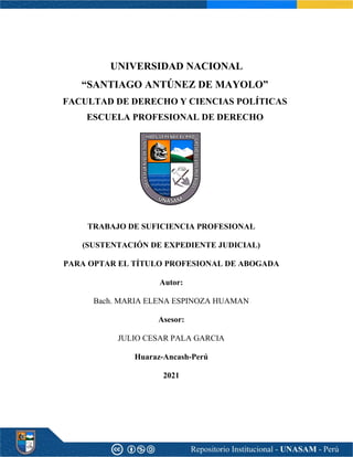 UNIVERSIDAD NACIONAL
“SANTIAGO ANTÚNEZ DE MAYOLO”
FACULTAD DE DERECHO Y CIENCIAS POLÍTICAS
ESCUELA PROFESIONAL DE DERECHO
TRABAJO DE SUFICIENCIA PROFESIONAL
(SUSTENTACIÓN DE EXPEDIENTE JUDICIAL)
PARA OPTAR EL TÍTULO PROFESIONAL DE ABOGADA
Autor:
Bach. MARIA ELENA ESPINOZA HUAMAN
Asesor:
JULIO CESAR PALA GARCIA
Huaraz-Ancash-Perú
2021
 