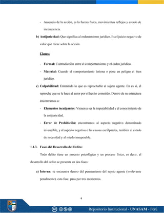 4
- Ausencia de la acción, es la fuerza física, movimientos reflejos y estado de
inconciencia.
b) Antijuricidad: Que significa al ordenamiento jurídico. Es el juicio negativo de
valor que recae sobre la acción.
Clases:
- Formal: Contradicción entre el comportamiento y el orden jurídico.
- Material: Cuando el comportamiento lesiona o pone en peligro el bien
jurídico.
c) Culpabilidad: Entendido lo que es reprochable al sujeto agente. En es si, el
reproche que se le hace al autor por el hecho cometido. Dentro de su estructura
encontramos a:
- Elementos inculpantes: Vienen a ser la imputabilidad y el conocimiento de
la antijuricidad.
- Error de Prohibición: encontramos al aspecto negativo denominado
invencible, y al aspecto negativo o las causas escúlpanles, también al estado
de necesidad y al miedo insuperable.
1.1.3. Fases del Desarrollo del Delito:
Todo delito tiene un proceso psicológico y un proceso físico, es decir, el
desarrollo del delito se presenta en dos fases:
a) Interna: se encuentra dentro del pensamiento del sujeto agente (irrelevante
penalmente). esta fase, pasa por tres momentos.
 